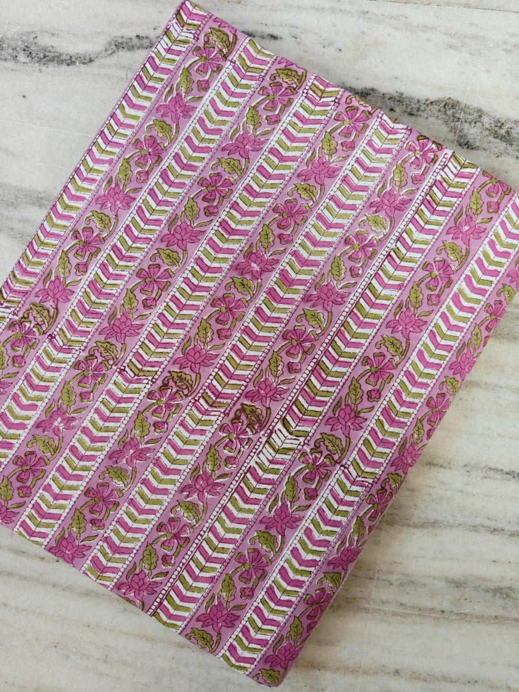 Pink Floral Cotton Fabric by the Yard, Block Print Stripe Pattern, Green & White Chevron, Indian Handmade Craft Fabric, Loose Running Fabric