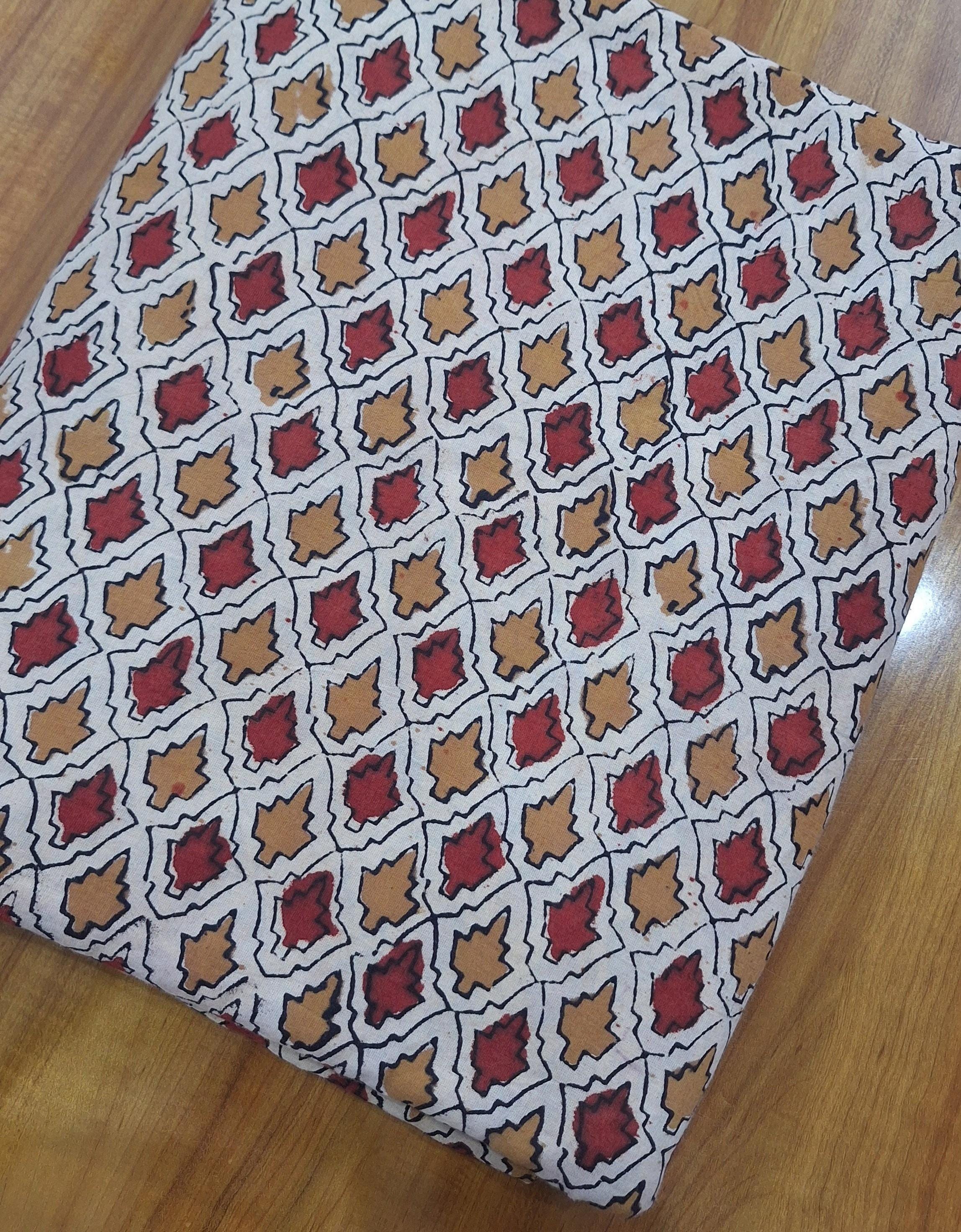 Hand Block Print Cotton Fabric, Rustic Leaf Motif, Red & Mustard Geometric Print, Lightweight Cotton by Yard, Quilting Sewing Dress Making