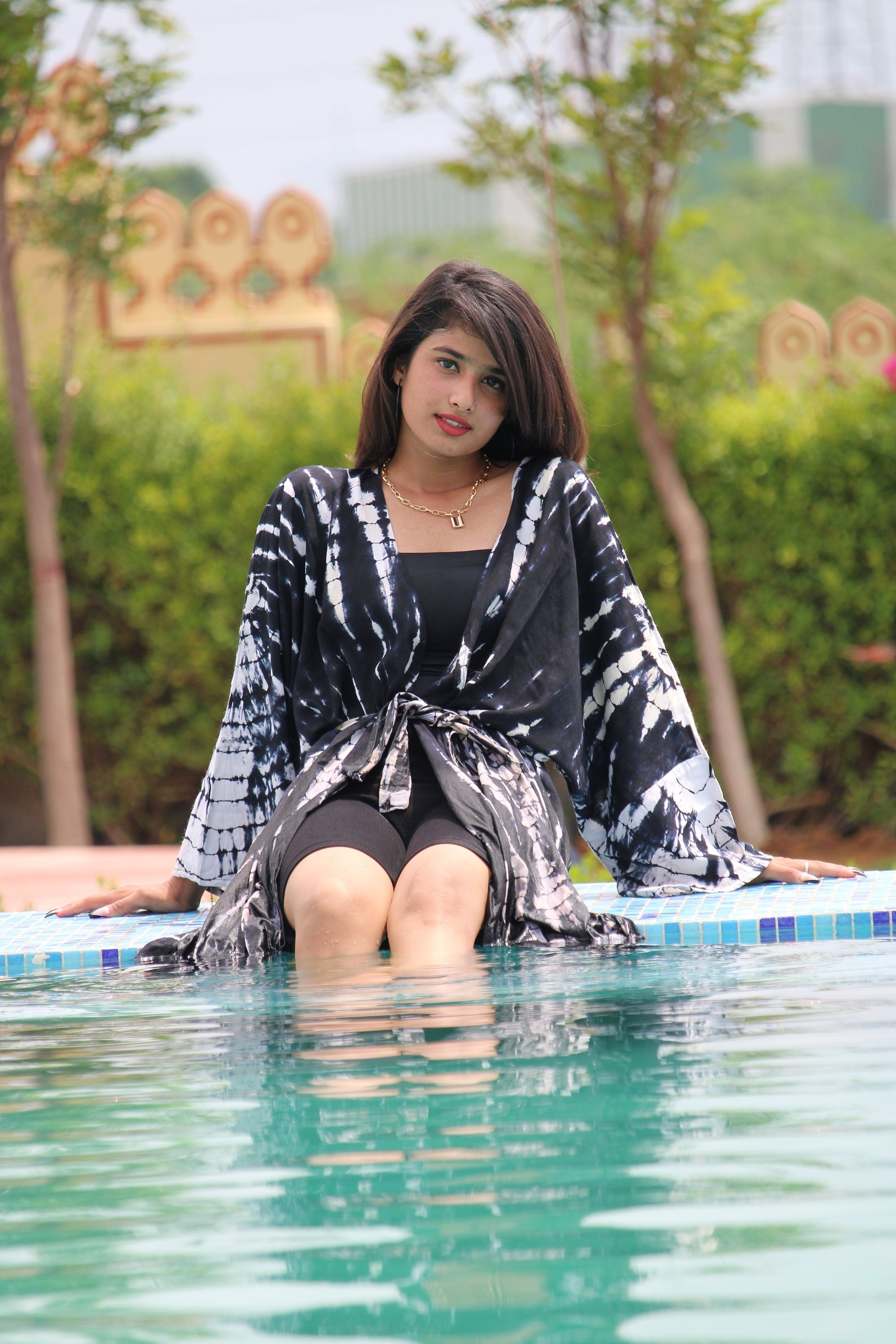 Tie Dye Rayon Kaftan Dress: Long Sleeve Kimono