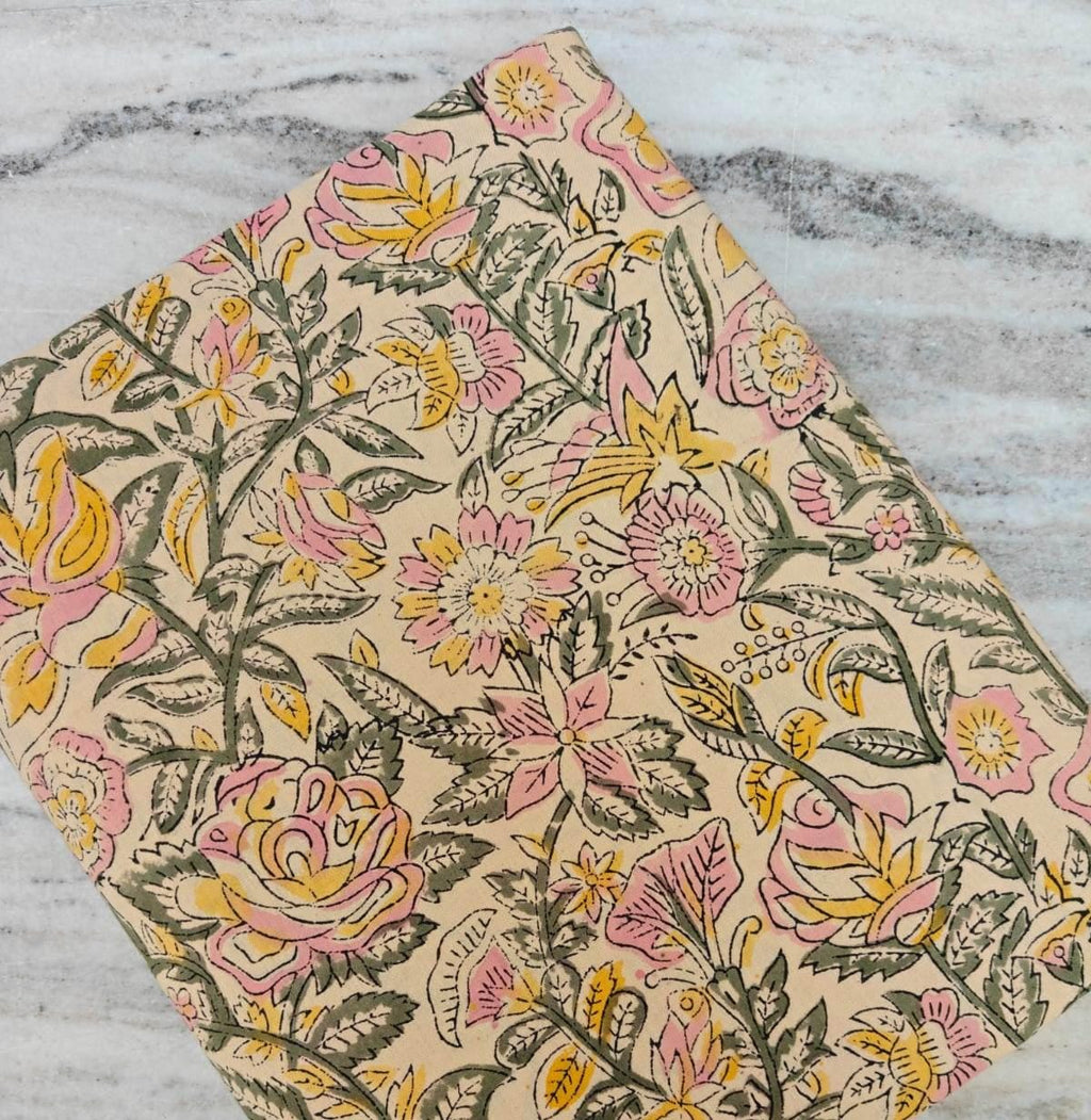 Green Floral Cotton Fabric, Colourful Hand Block Print Fabric By The Yard, Indian Soft Cotton for Quilting, Dressmaking, Sewing & Crafts