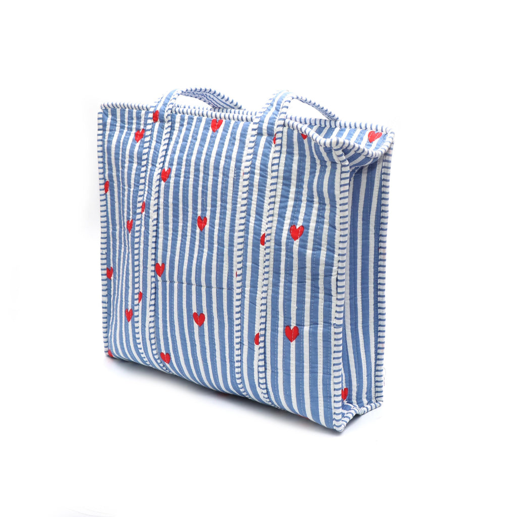 Blue Striped Heart Tote Bag, Quilted Cotton Shoulder Bag, Cute Valentine Tote, Red Heart Print Shopper Preppy Beach Bag Reusable Market Tote