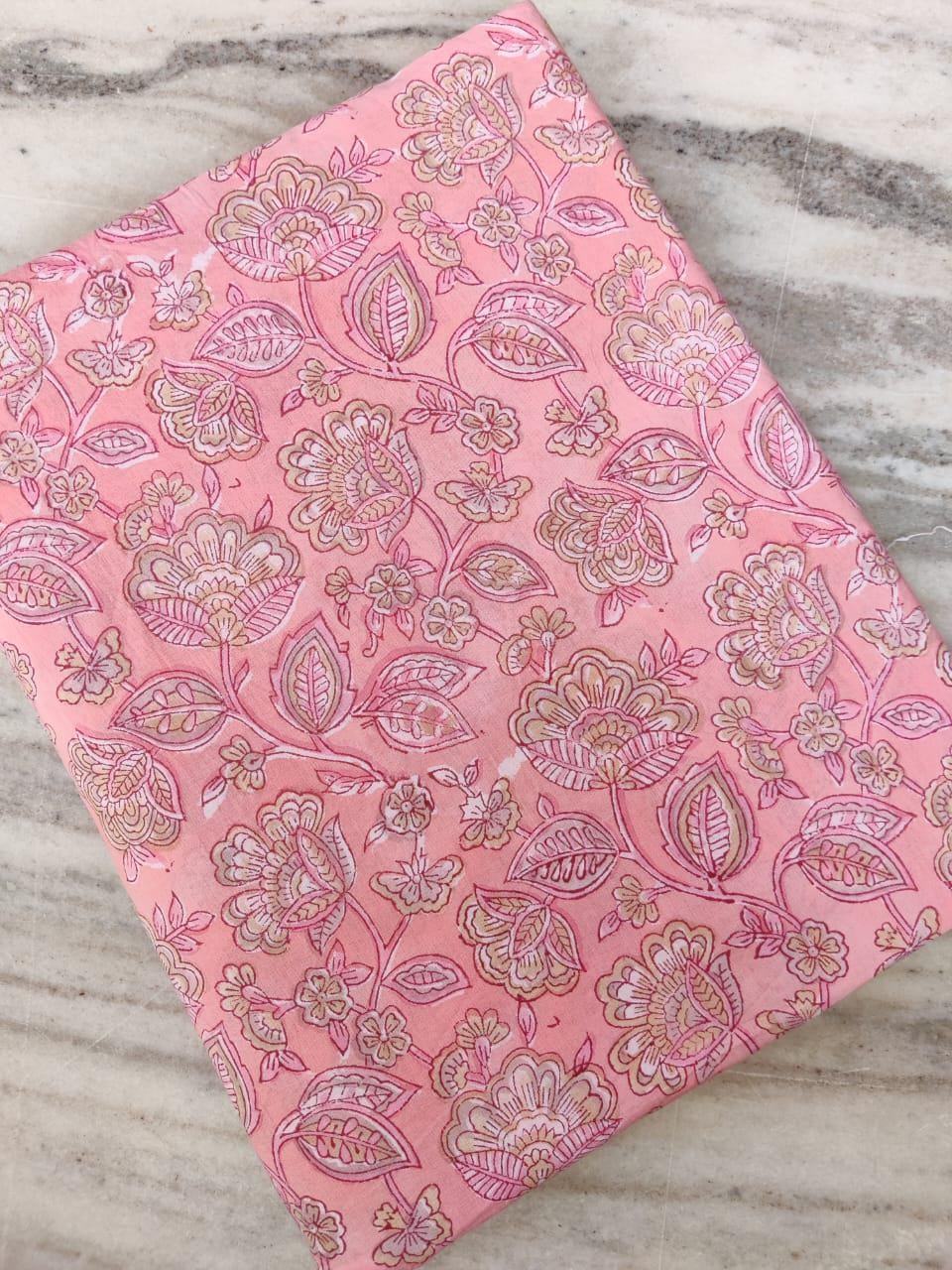 Pink Floral Cotton Fabric, Hand Block Print Material by the Yard, Quilting, Dressmaking & Sewing Fabric, Indian Soft Cotton, Running Fabric