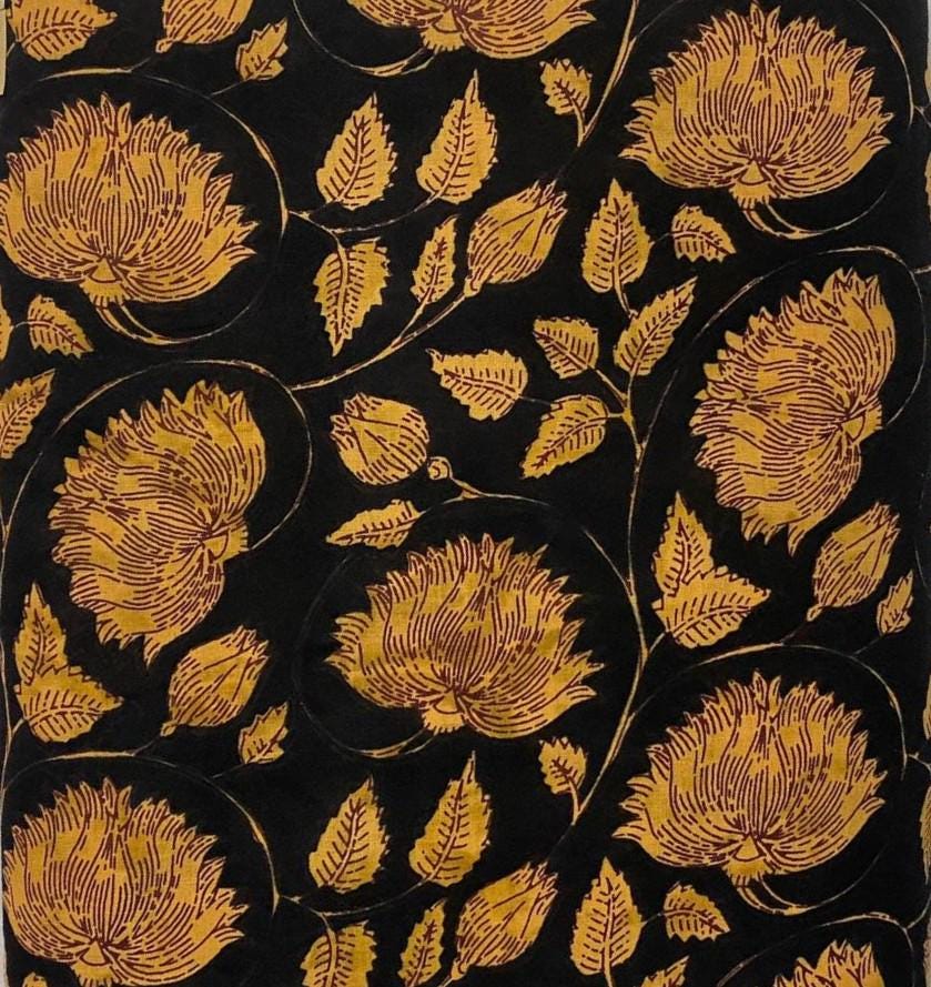 Black Mustard Floral Hand Block Print Cotton Fabric, Indian Buta Print Fabric by Yard, Soft Sewing Quilting Dressmaking Home Decor Material