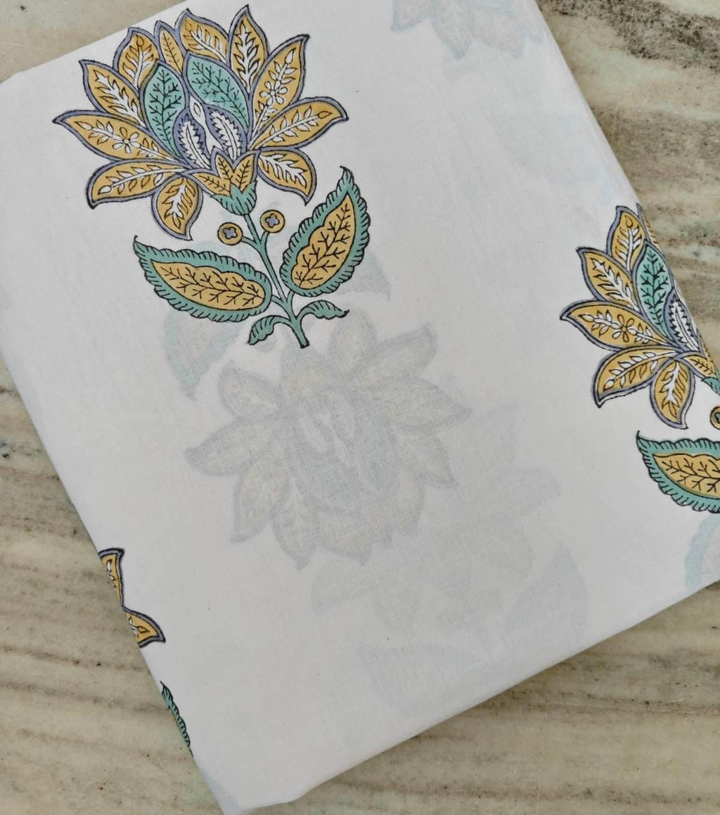 Blue Floral Cotton Fabric, Indian Block Print Fabric, Small Buti Print Cotton, Soft Lightweight Dressmaking Fabric, Quilting Craft Textile