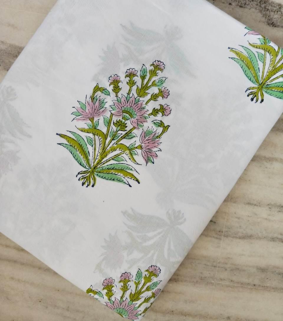 Green Pink Floral Cotton Fabric, Indian Hand Block Print Fabric White Cotton Fabric by the Yard, Soft Floral Cotton Fabric, Napkins, Curtain