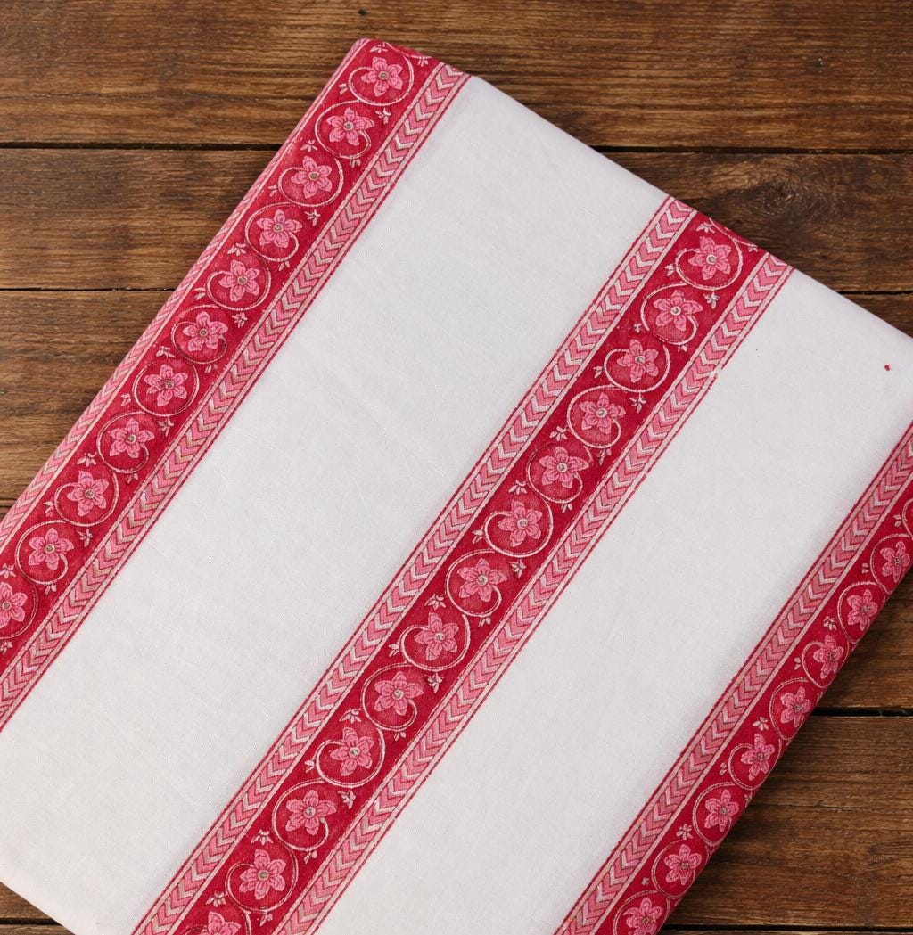 White & Red Floral Border Block Print Floral Cotton Fabric, Hand Block Print Fabric, Indian Cotton Fabric, Quilting Loose Running Fabric