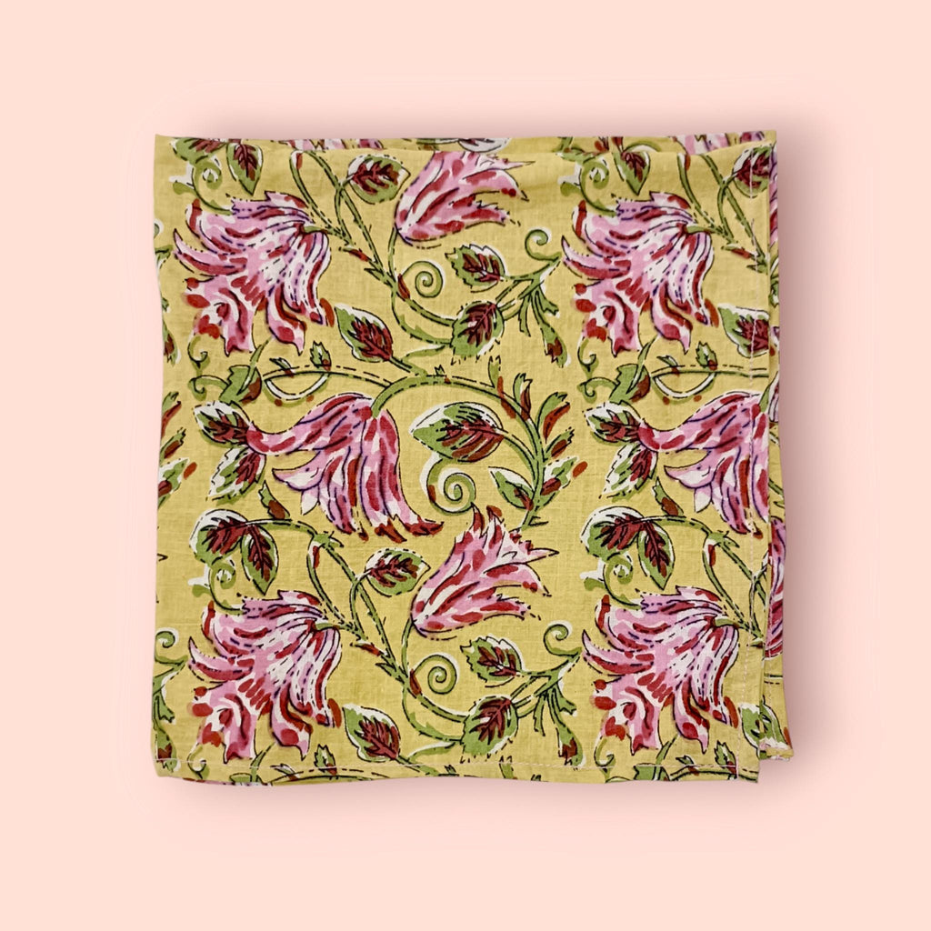 Yellow Floral Cotton Napkins | Hand Block Print Pink Flower Cloth Napkins | Reusable Dinner Napkins for Table Decor & Eco-Friendly Dining
