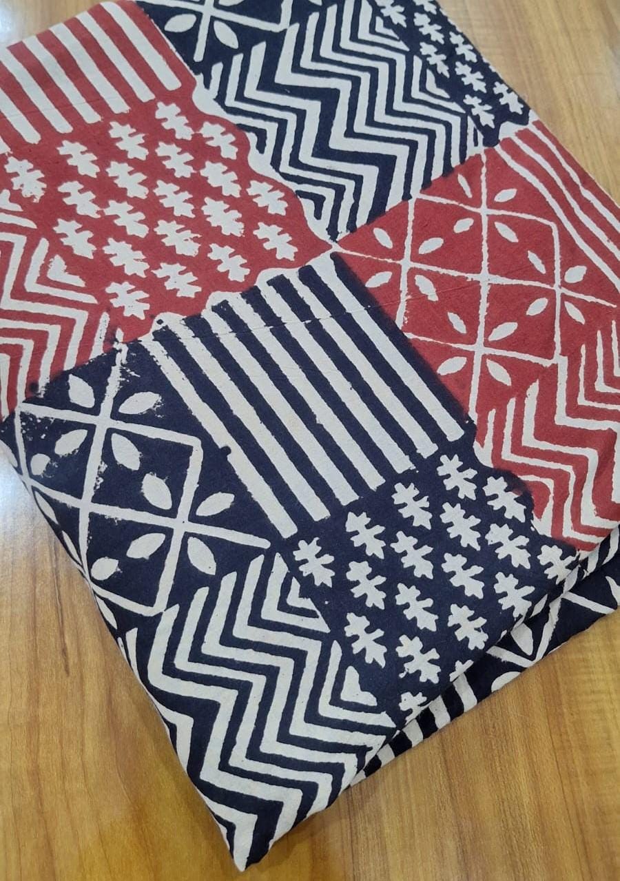 Red Blue Patchwork Cotton Fabric, Geometric Block Print Fabric, Indian Hand Block Print Cotton Fabric by Yard, Boho Patchwork Fabric Napkins