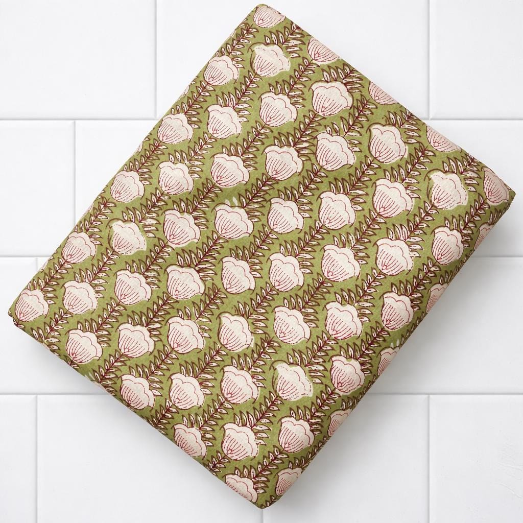 Green Indian Hand Block Print Fabric, Soft Cotton Fabric, Floral 100% Cotton Fabric By The Yard, Fabric For Loose Running, Textile Fabric