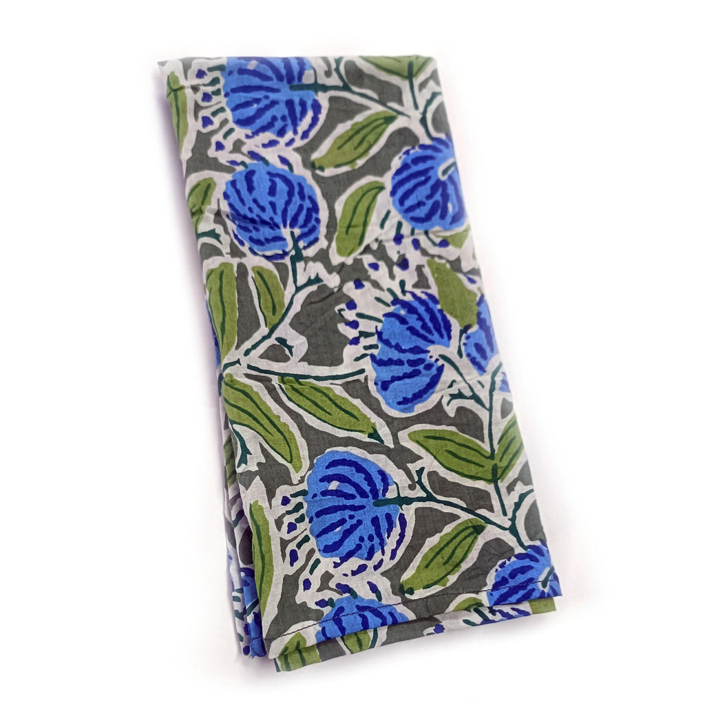 Blue Floral Cotton Napkin | Hand Block Print Reusable Cloth Napkin | Grey Green Eco-Friendly Table Linen | Indian Cotton Dinner Napkin Set