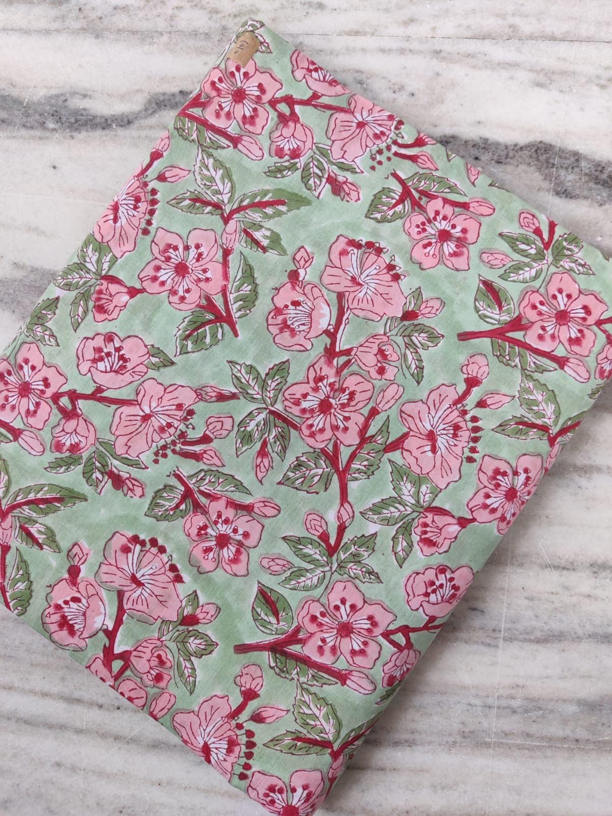 Green Floral Hand Block Print Cotton Fabric: Indian Quilting Textile