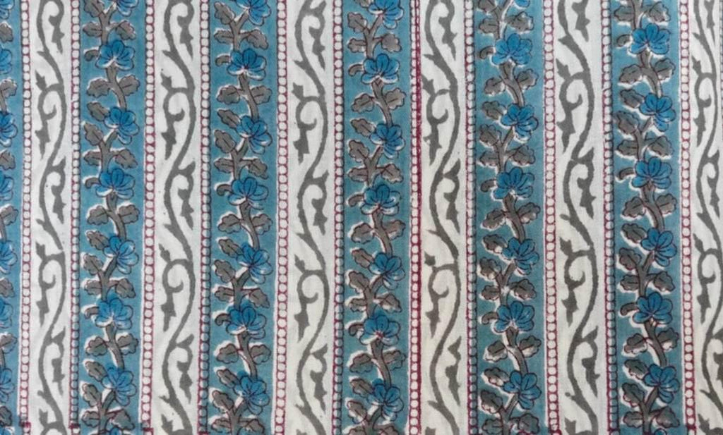 Blue Floral Stripe Cotton Fabric – Indian Block Print Style – Teal & Grey Vine Print – Quilting, Dressmaking  Craft Fabric by the Yard