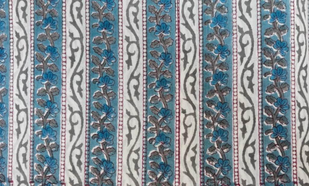 Blue Floral Stripe Cotton Fabric – Indian Block Print Style – Teal & Grey Vine Print – Quilting, Dressmaking  Craft Fabric by the Yard