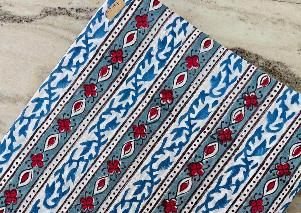 Striped Cotton Fabric, Red Floral Blue Leaf Hand Block Print, Indian Cotton Fabric by the Yard for Quilting, Sewing, Dressmaking, Home Decor