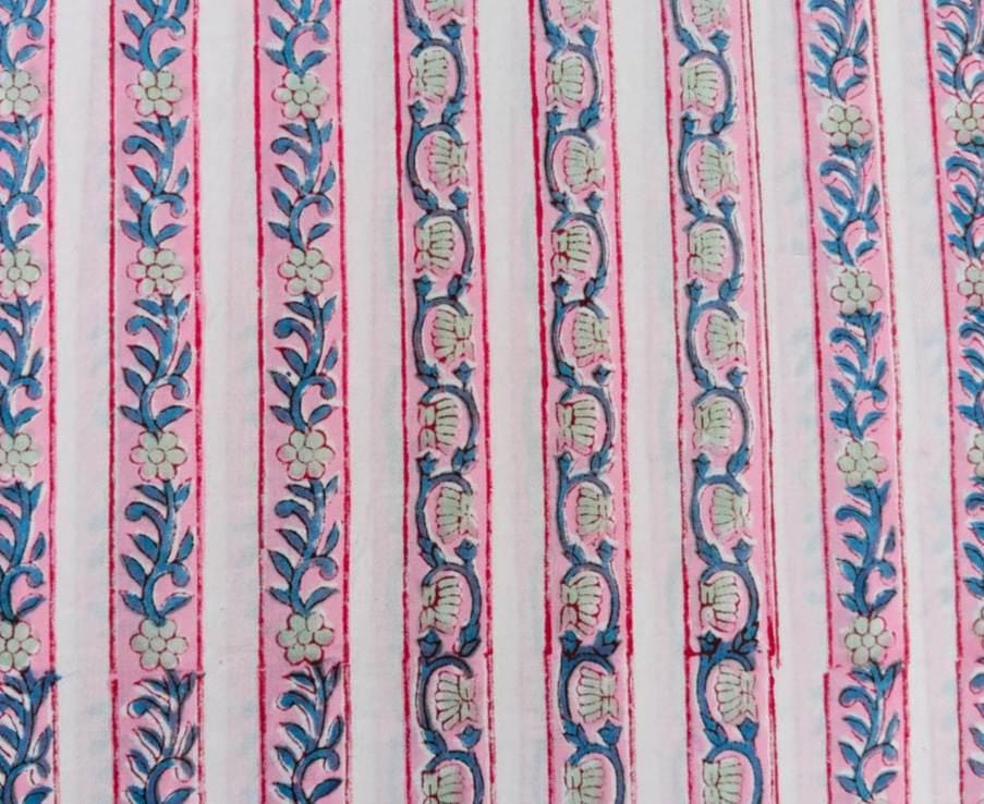 Striped Floral Cotton Fabric, Pink & Blue Hand Block Print Cotton Fabric, Soft Indian Cotton for Quilting, Sewing Fabric, Textile Fabric