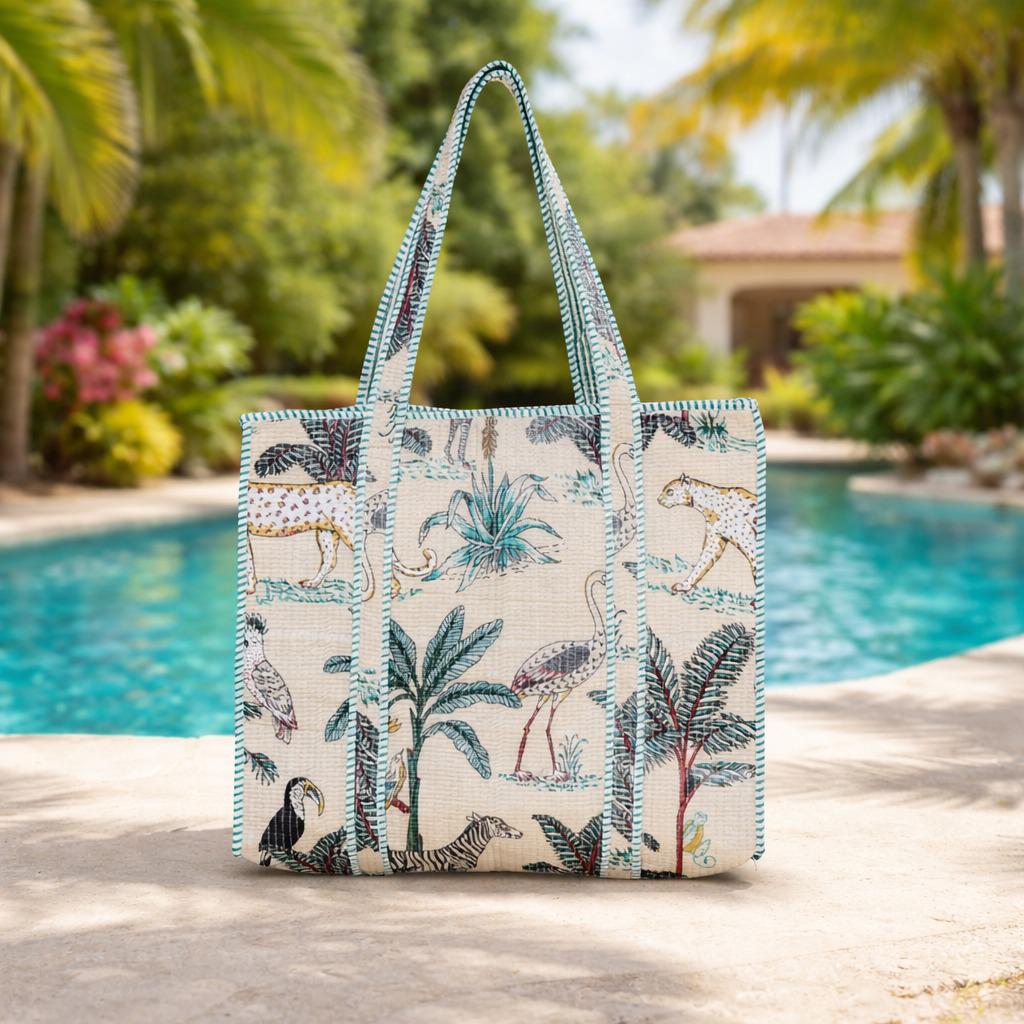 Jungle Print Quilted Tote Bag, Handmade Cotton Beach Bag, Safari Animal Shoulder Bag, Block Print Market Tote, Tropical Travel Bag