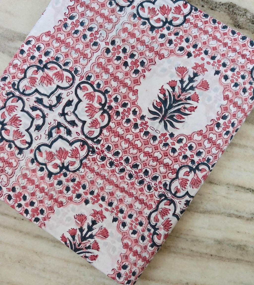 Pink Floral Cotton Fabric, Indian Block Print Style, Vintage Medallion Botanical Fabric, Quilting Sewing Fabric By The Yard, Running Fabric