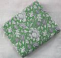Green Floral Cotton Fabric | Hand Block Print White Flower Pattern | Indian Soft Cotton by the Yard | Sewing, Quilting, Dressmaking Material