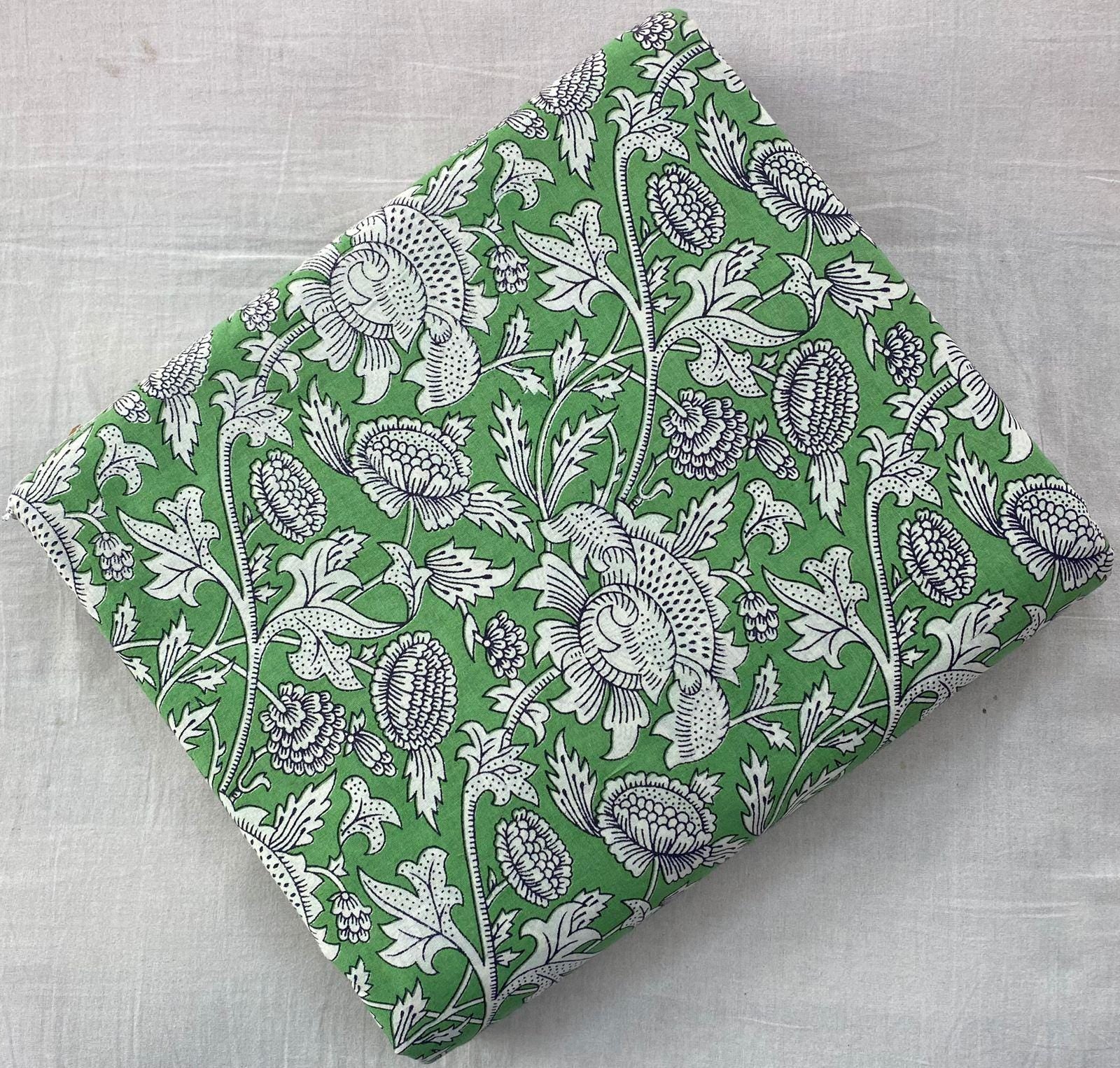 Green Floral Cotton Fabric | Hand Block Print White Flower Pattern | Indian Soft Cotton by the Yard | Sewing, Quilting, Dressmaking Material