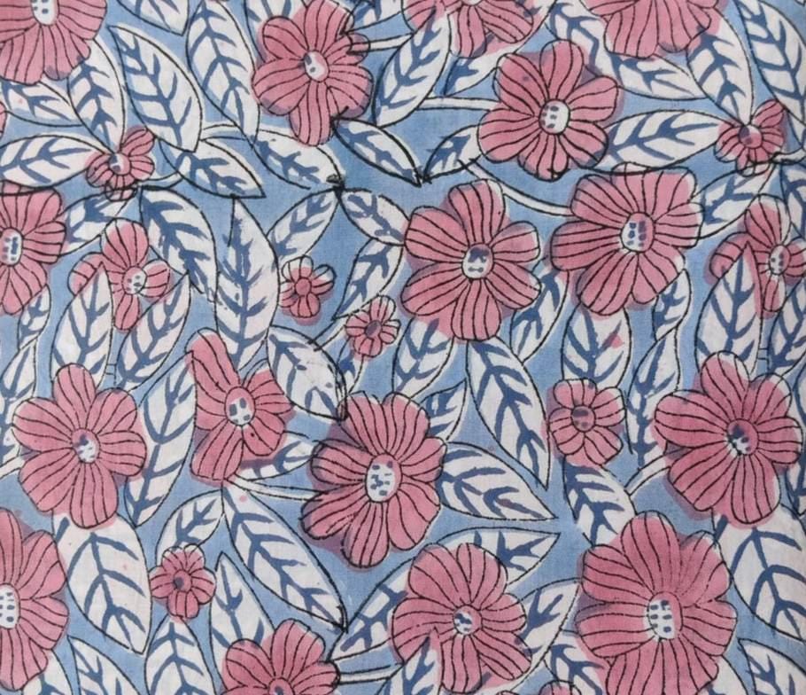 Blue Pink Floral Cotton Fabric by the Yard, Soft Lightweight Quilting Fabric, Printed Dressmaking Cloth for Sewing, Handmade Textile
