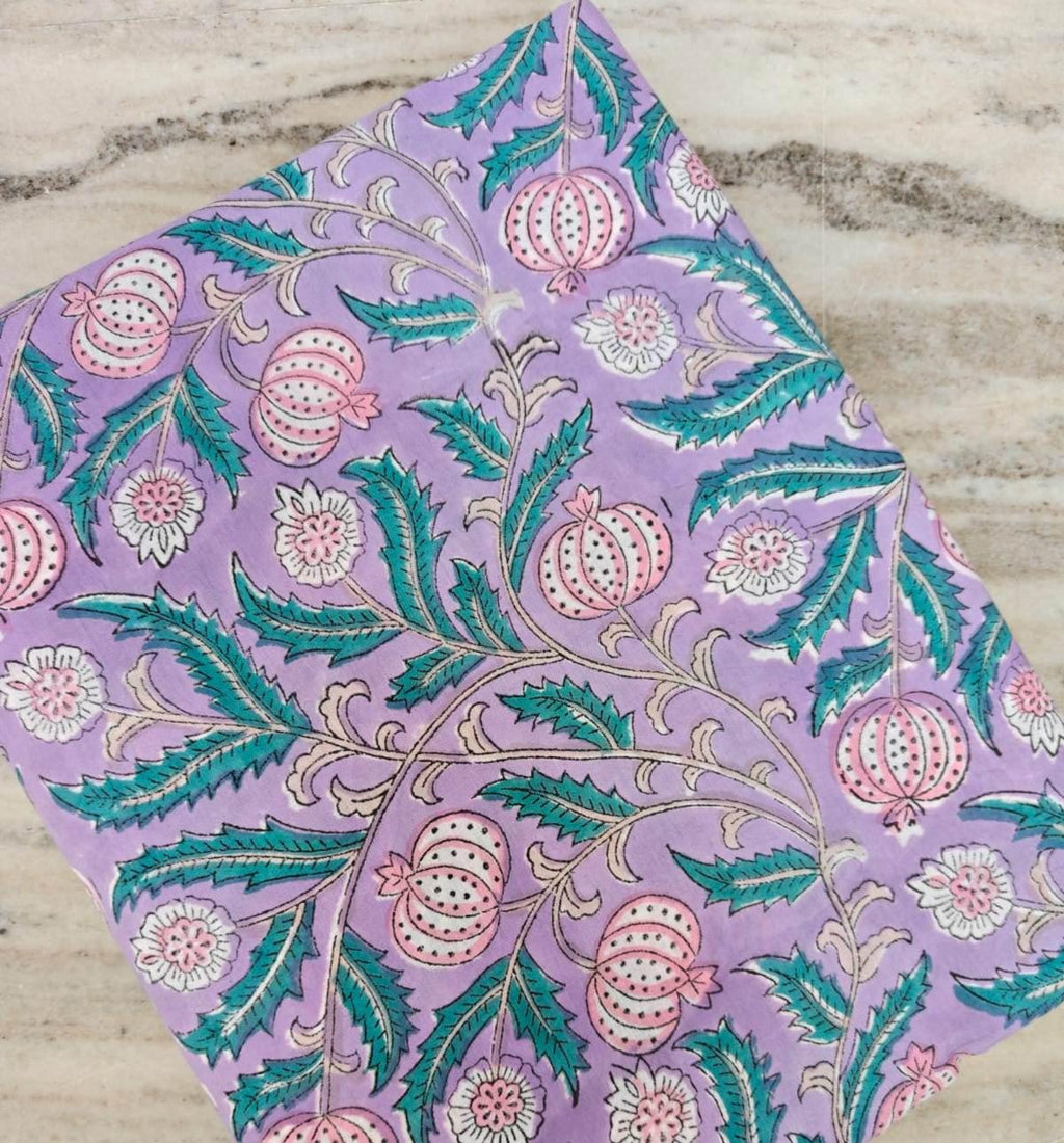 Purple and Teal Botanical Textile by the Yard, Lilac Cotton Fabric with Pink Floral Motif Fabric, Green Leaf Print Lightweight Sewing Fabric