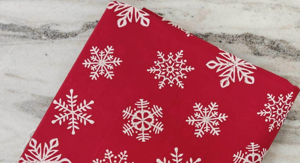 Red Cotton Fabric with White Snowflake Christmas Tree Fabric By The Yard, Hand Block Print Christmas Quilting, Sewing Holiday Home Decor
