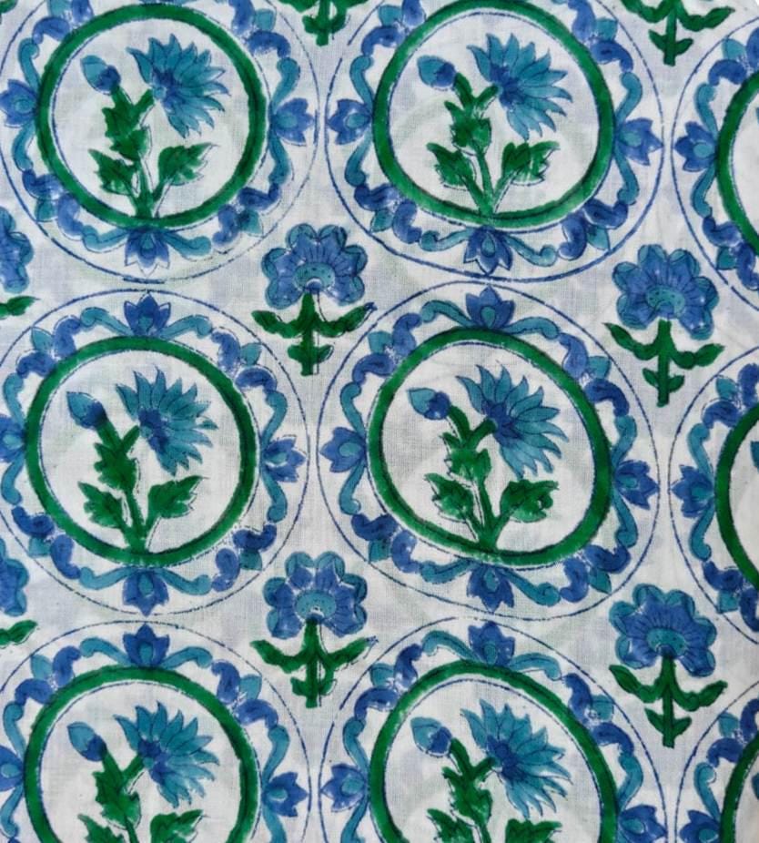 Blue Green Floral Cotton Fabric, Hand Block Print Fabric, Indian Cotton Textile, Vintage Style Flower Print, Quilting Sewing Craft Fabric