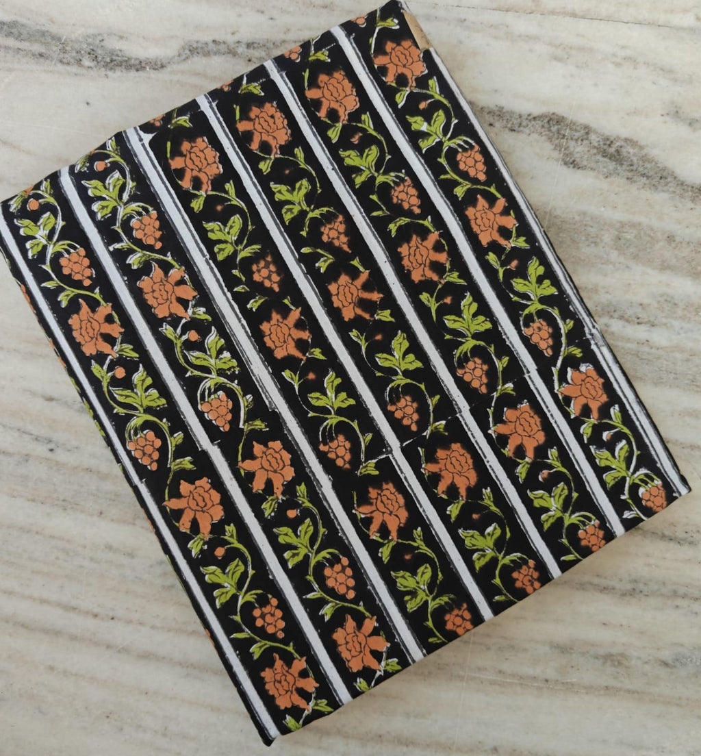 Black Floral Stripe Cotton Fabric – Orange & Green Block Print Fabric by the Yard – Indian Handmade Sewing Textile For Dress Making, Napkins