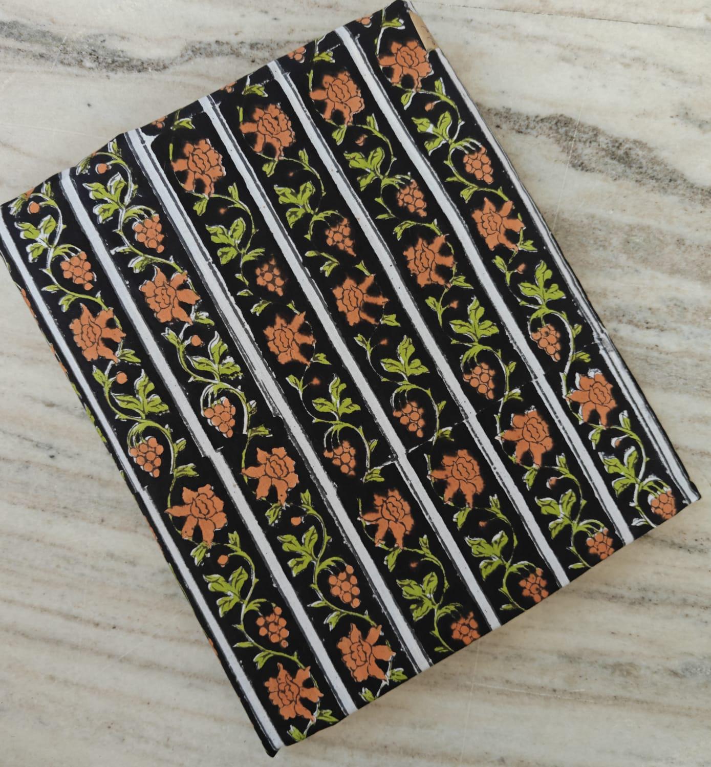 Black Floral Stripe Cotton Fabric – Orange & Green Block Print Fabric by the Yard – Indian Handmade Sewing Textile For Dress Making, Napkins