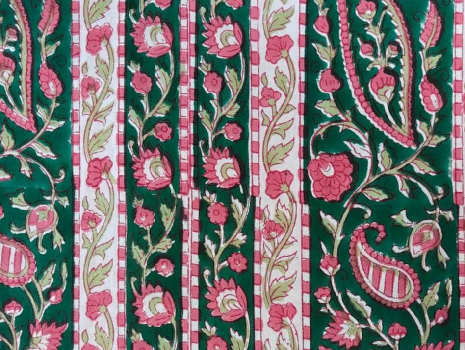 Green Floral Cotton Fabric by Yard, Indian Block Print Fabric, Pink Flower Stripe Fabric Material for Dressmaking, Quilting & Home Decor