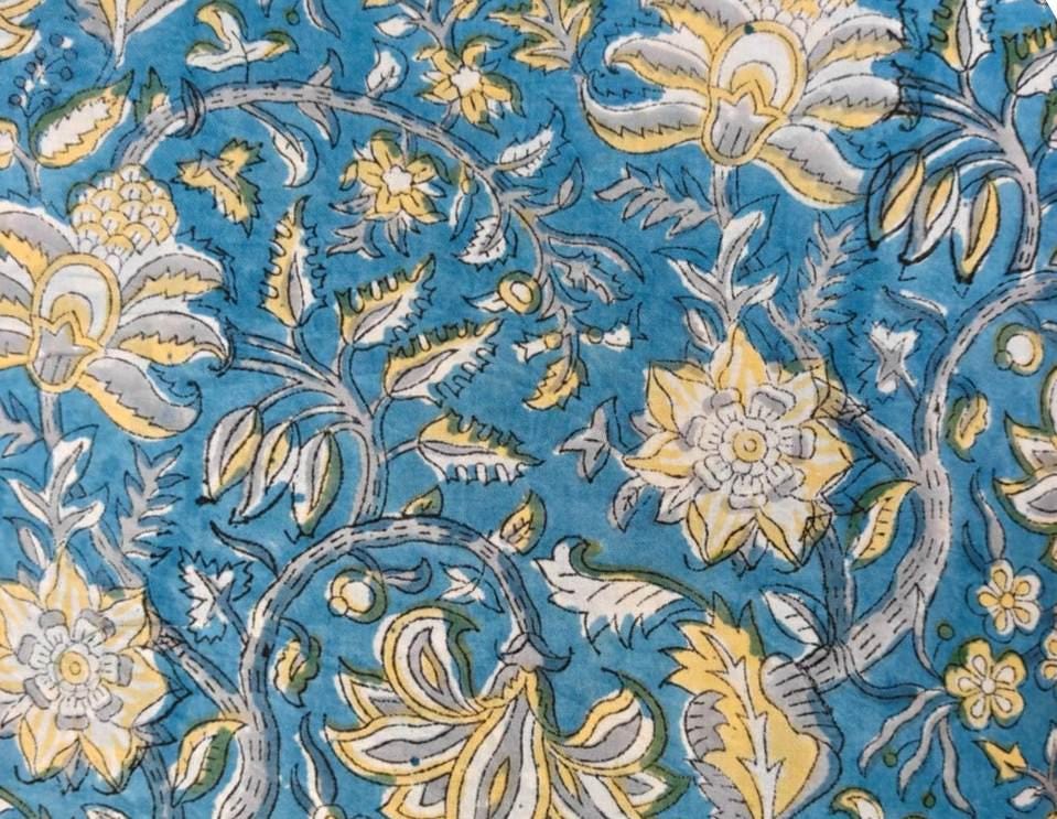Blue Floral Vine Cotton Fabric, Indian Block Print Cotton Fabric, Yellow Floral Fabric by Yard, Boho Dressmaking Fabric, Quilting Fabric