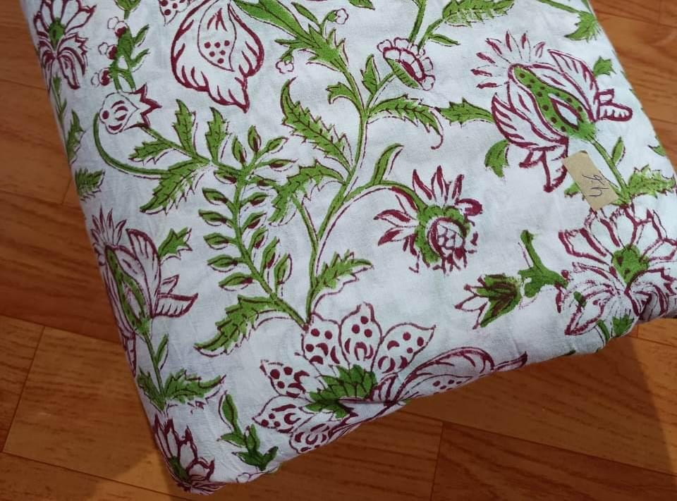 Green & Maroon Hand Block Print Fabric, White Floral Cotton Fabric by the Yard, Indian Soft Cotton Loose Running Fabric, Textile Fabric