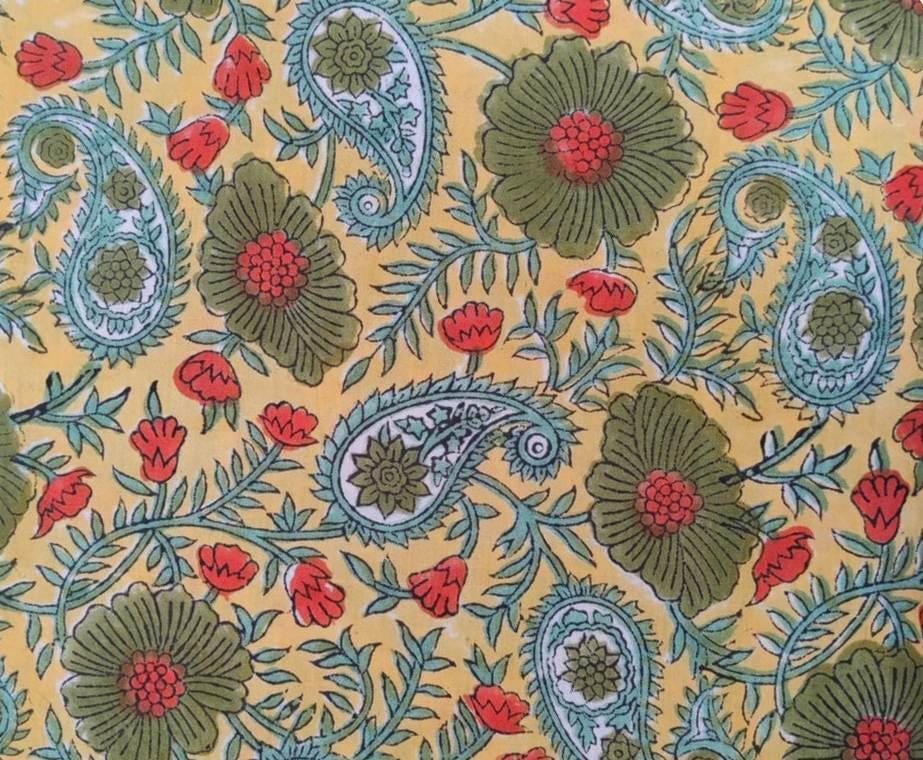 Yellow Floral Cotton Fabric by the Yard, Indian Hand Block Print Fabric, Green Paisley Block Print Fabric for Quilting, Loose Running Fabric