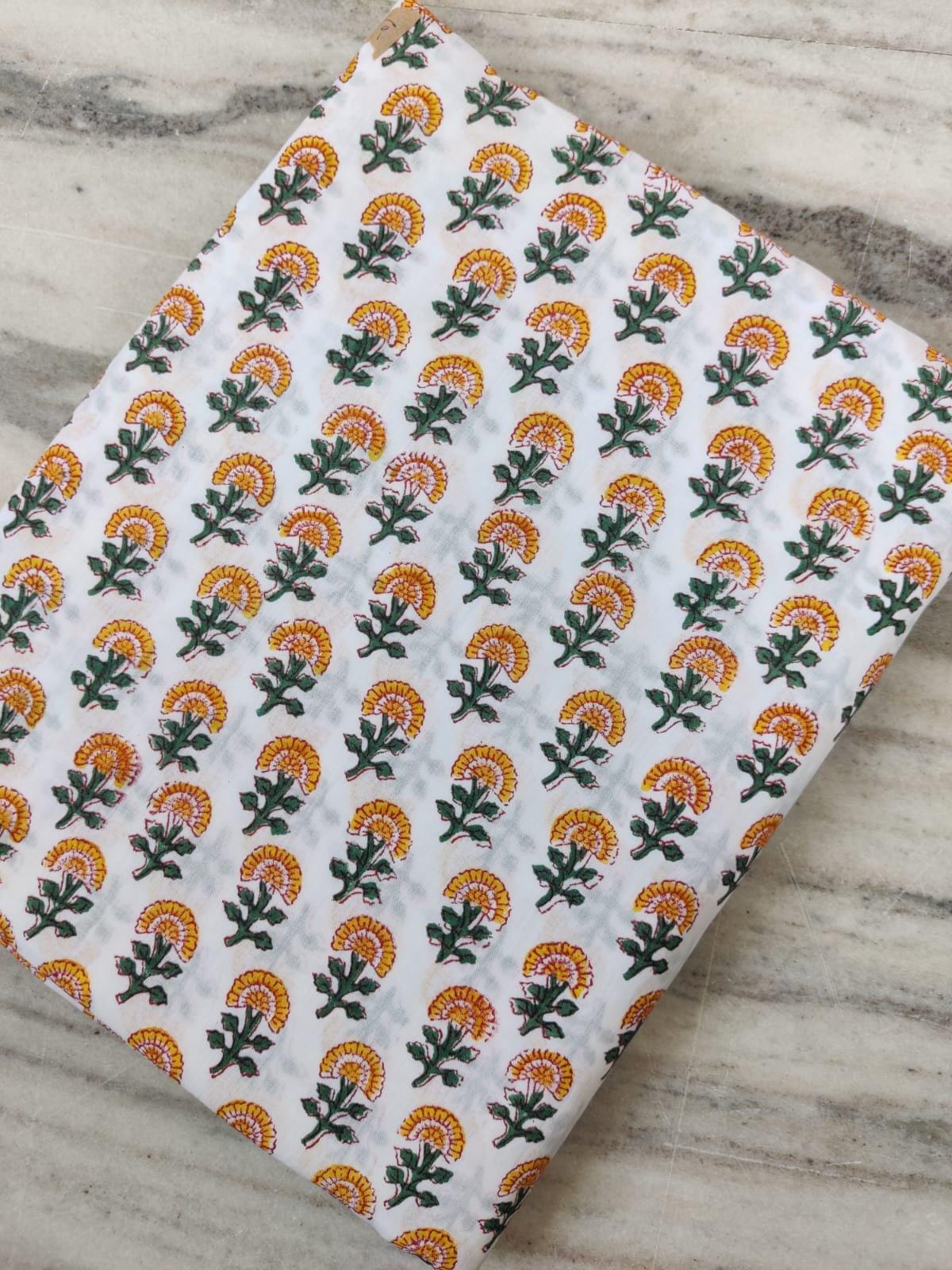 Yellow Floral Cotton Fabric by the Yard, White Block Print Fabric, Quilting, Sewing, Dressmaking, Craft Material, Loose Running Fabric