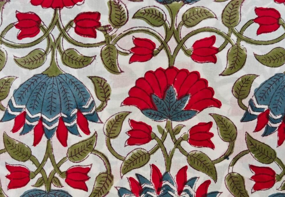 Red Blue Floral Block Print Cotton Fabric, Indian Handprinted Fabric by the Yard, Fabric For Dress Making Loose Running Fabric Napkin Fabric