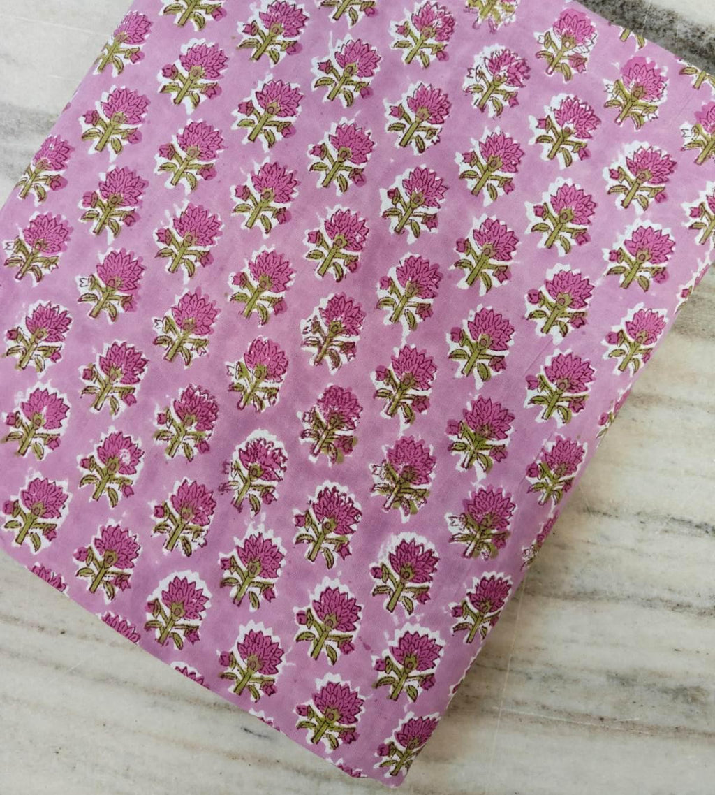 Pink Green Floral Cotton Fabric, Hand Block Print by the Yard, Indian Soft Cotton for Quilting, Dressmaking, Napkins Fabric, Buti Fabric