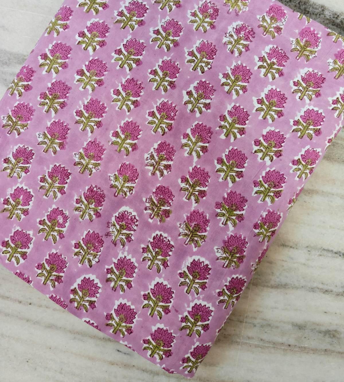 Pink Green Floral Cotton Fabric, Hand Block Print by the Yard, Indian Soft Cotton for Quilting, Dressmaking, Napkins Fabric, Buti Fabric