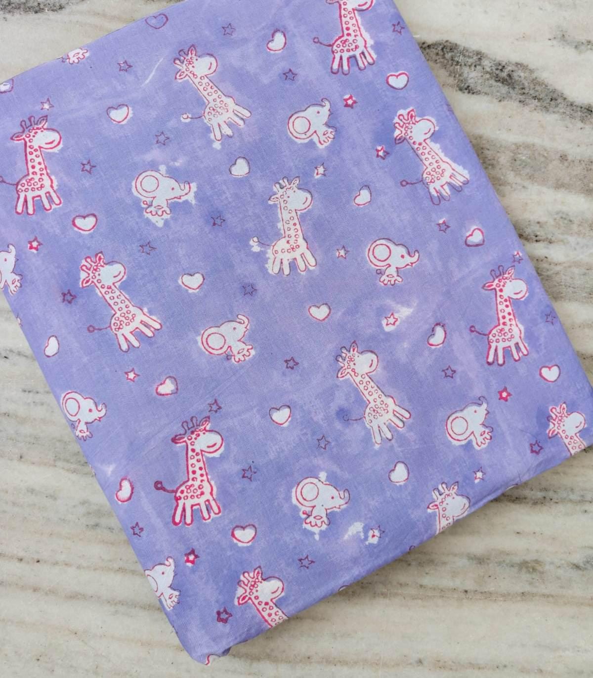 Purple Baby Animal Cotton Fabric, Cute Giraffe Elephant Print, Kids Nursery Fabric, Cartoon Animal Textile, Quilting Sewing Craft Fabric