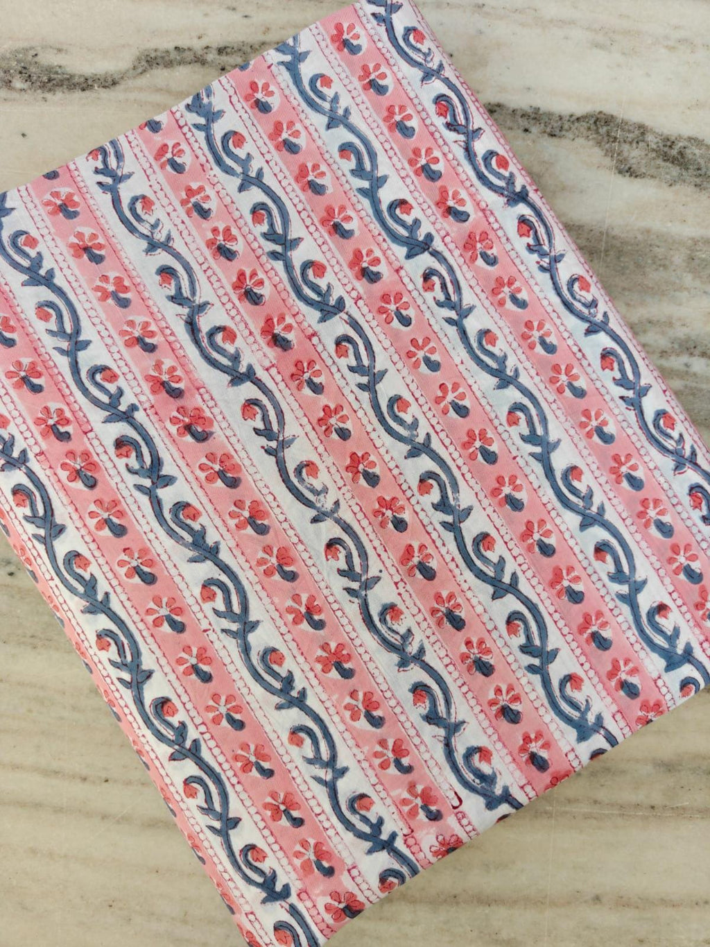 Pink Blue Floral Vine Stripe Cotton Fabric | Indian Block Print Cotton Fabric | Soft Breathable Craft Fabric | Dressmaking Quilting Fabric