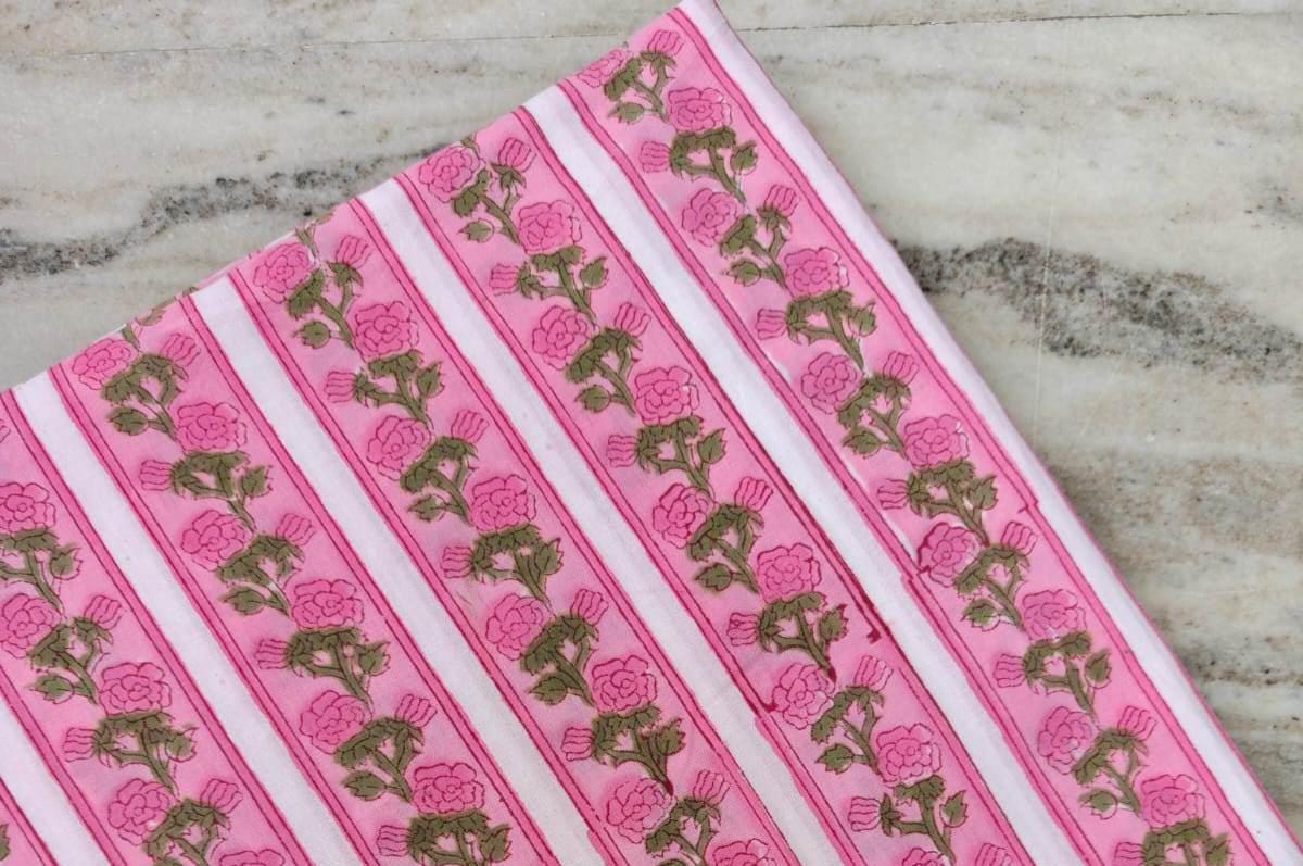 Pink Floral Cotton Fabric, Pink Hand Block Print By The Yard, Indian Soft Cotton Fabric for Loose Running, Dress Making, Textile Fabric