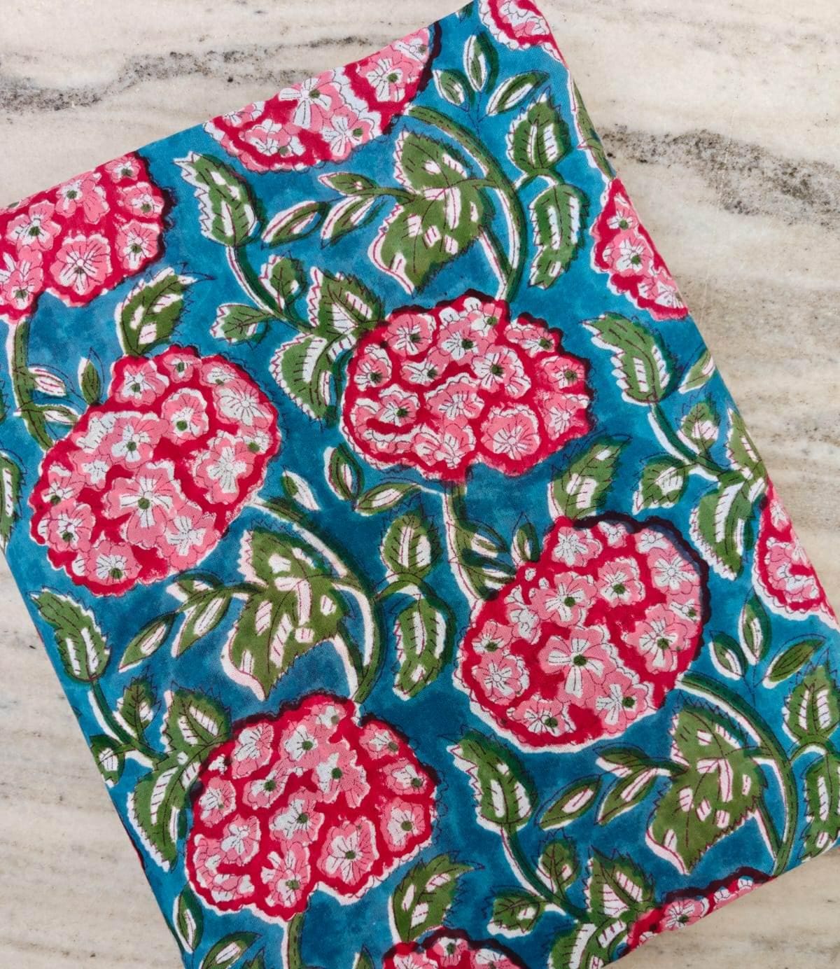 Teal Blue Floral Cotton Fabric, Bold Pink Hydrangea Print Fabric, Botanical Flower Fabric by Yard, Quilting Sewing Craft Dressmaking Cotton