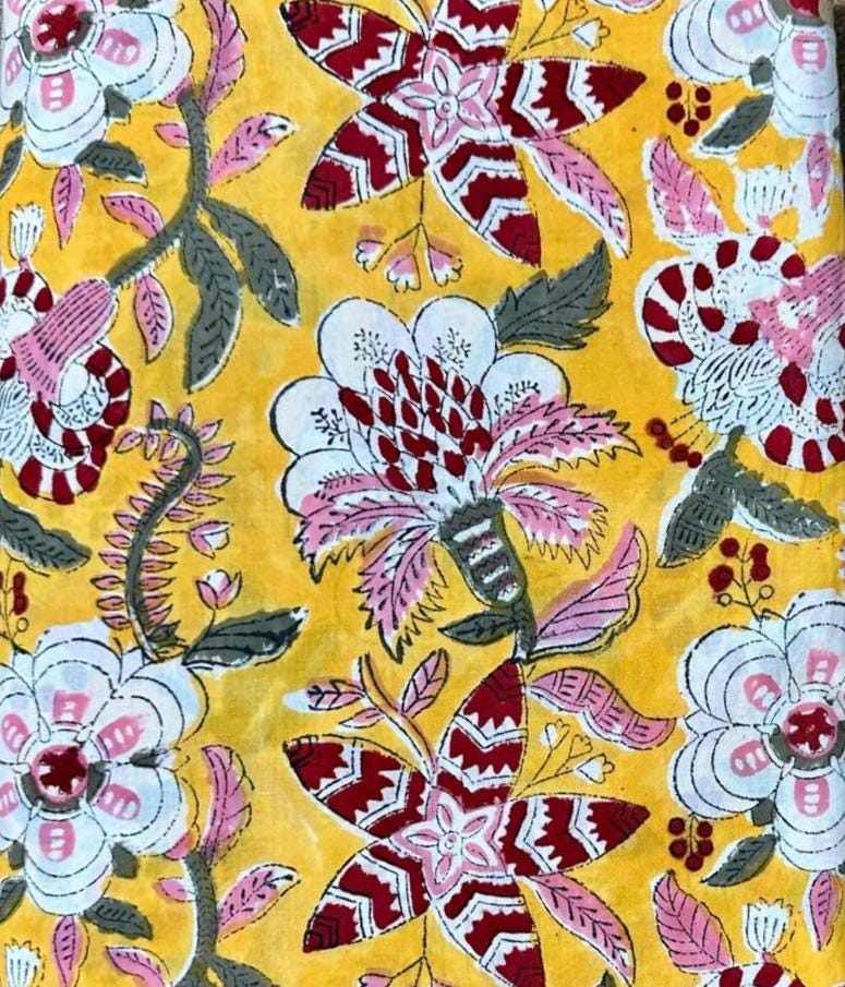 Yellow Floral Hand Block Print Cotton Fabric – Indian Cotton Fabric by Yard, Boho Flower Print Dressmaking & Quilting Fabric, Curtain Fabric