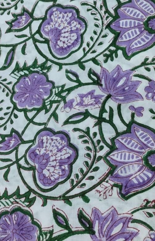 Handmade Purple Floral Hand Block Print Cotton Fabric by the Yard, Indian Lavender Flower Print, Soft Sewing Fabric for Dresses, Home Decor