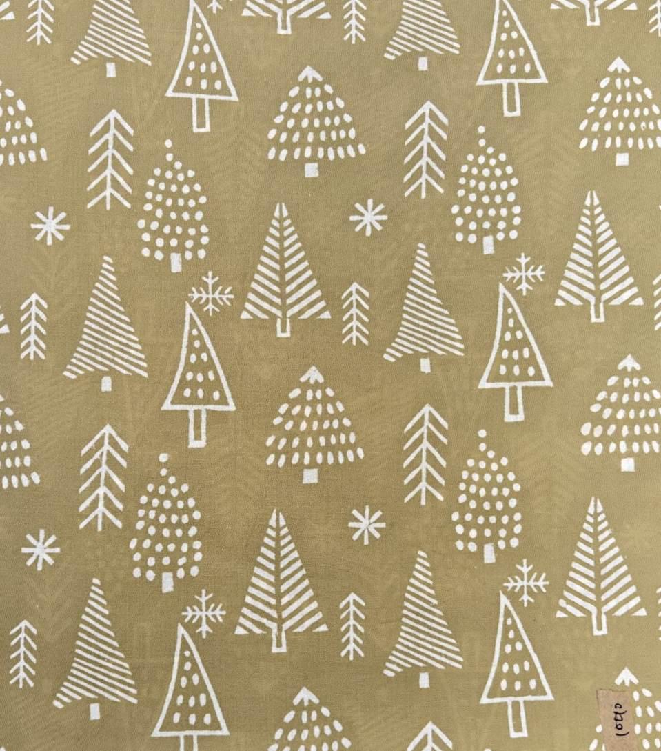 Christmas Cotton Fabric with White Tree Print, Holiday Block Print Fabric by the Yard, Quilting, Sewing, Festive Crafts & Home Decor