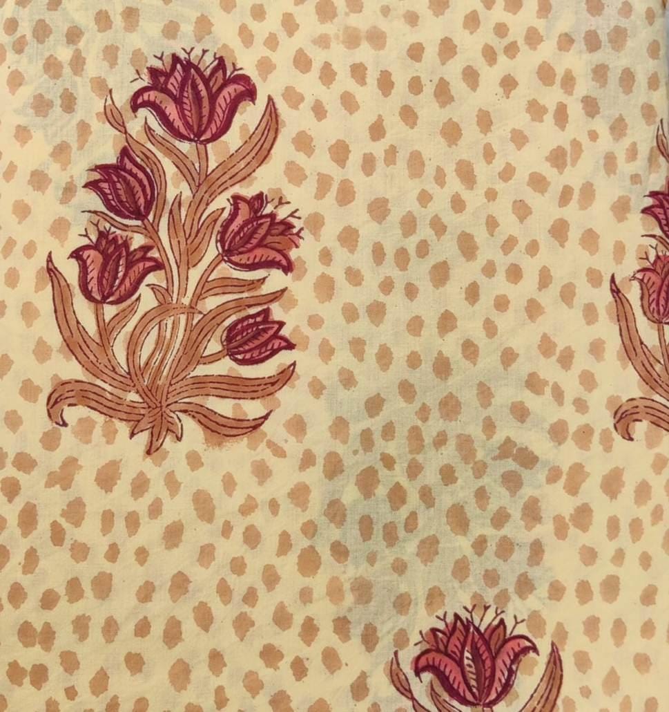 Yellow Cotton Fabric, Hand Block Print Floral Fabric, Mustard Dotted Background, Indian Cotton Fabric, Boho Sewing & Quilting Fabric by Yard