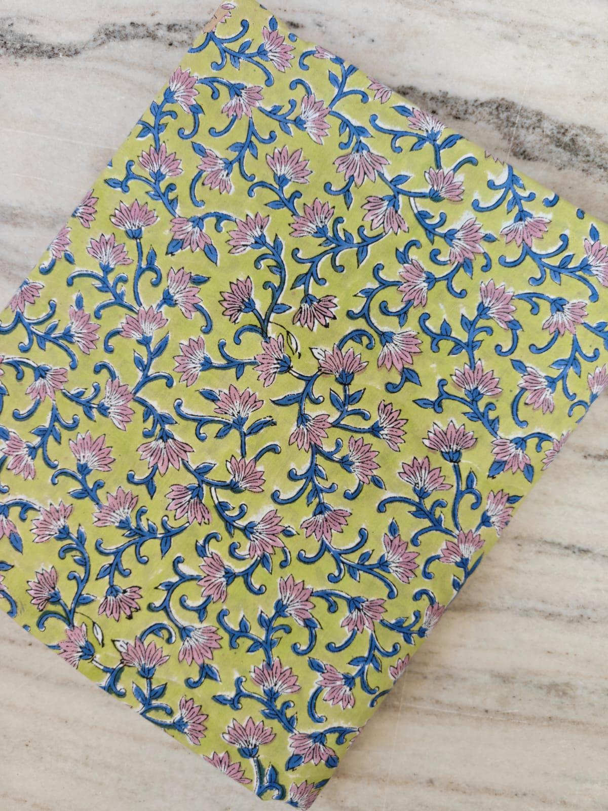 Lime Green Floral Block Print Cotton Fabric by the Yard, Pink Blue Indian Hand Printed Cotton, Boho Quilting Napkins, Runner, Tea Coaster