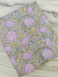 Hand Block Print Cotton Fabric, Pink Floral on Grey Fabric, Indian Botanical Cotton, Soft Lightweight Sewing Fabric, Quilting Dressmaking