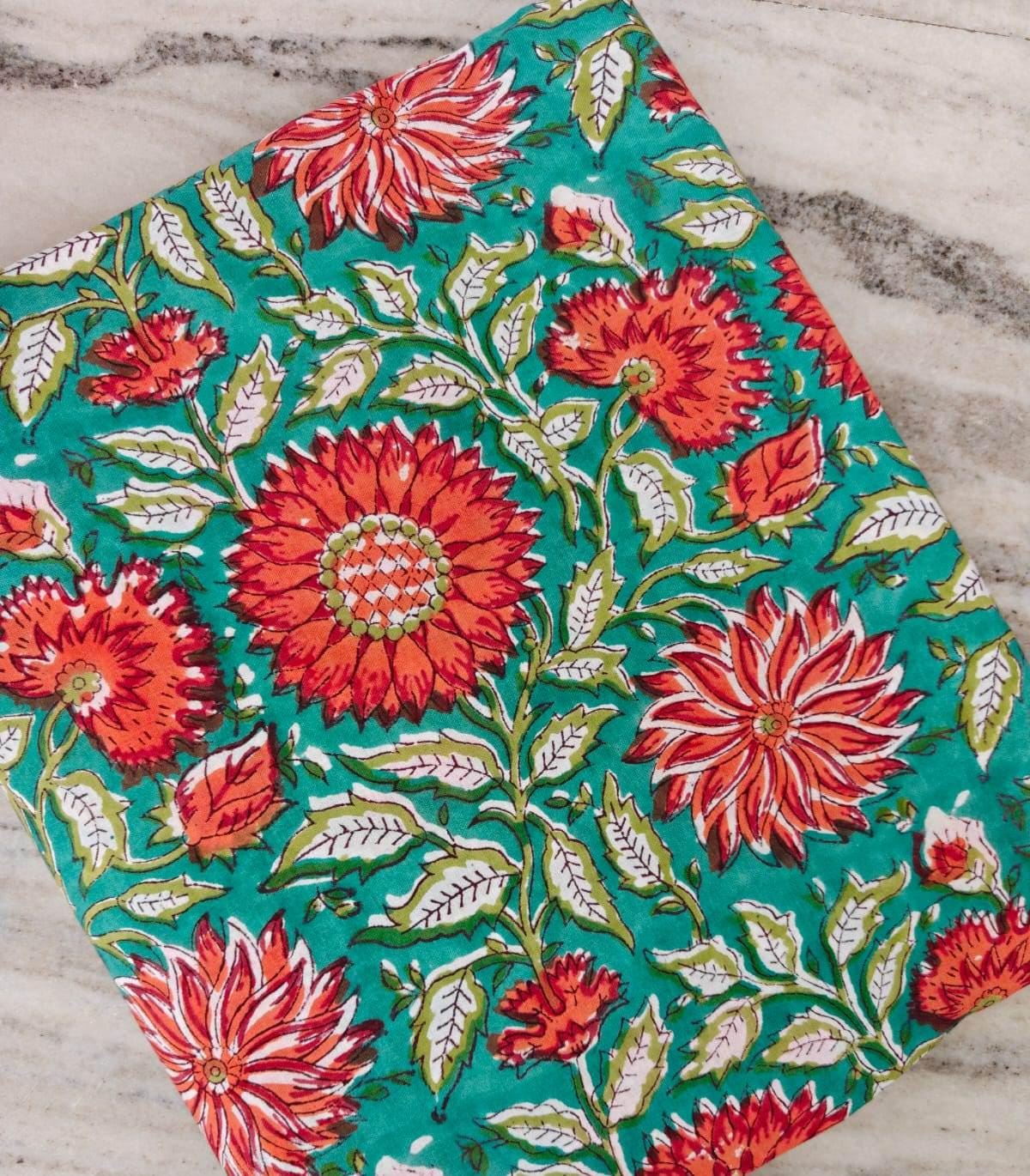 Turquoise Floral Cotton Fabric, Red Orange Flower Print Fabric, Indian Block Print Cotton, Boho Quilting Fabric, Craft Sewing Napkins Fabric