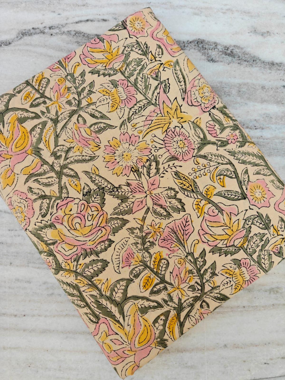 Green Floral Cotton Fabric, Colourful Hand Block Print Fabric By The Yard, Indian Soft Cotton for Quilting, Dressmaking, Sewing & Crafts
