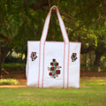 Handmade Quilted Tote Bag with Floral Embroidery, Cotton White Shoulder Bag, Eco Friendly Reusable Bag, Boho Everyday Carry Tote